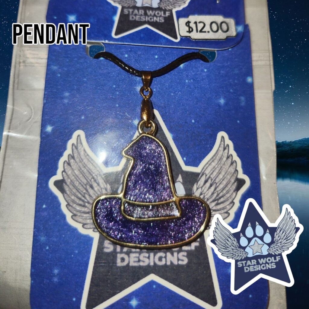 Purple witch hat pendant on a Star Wolf Designs card