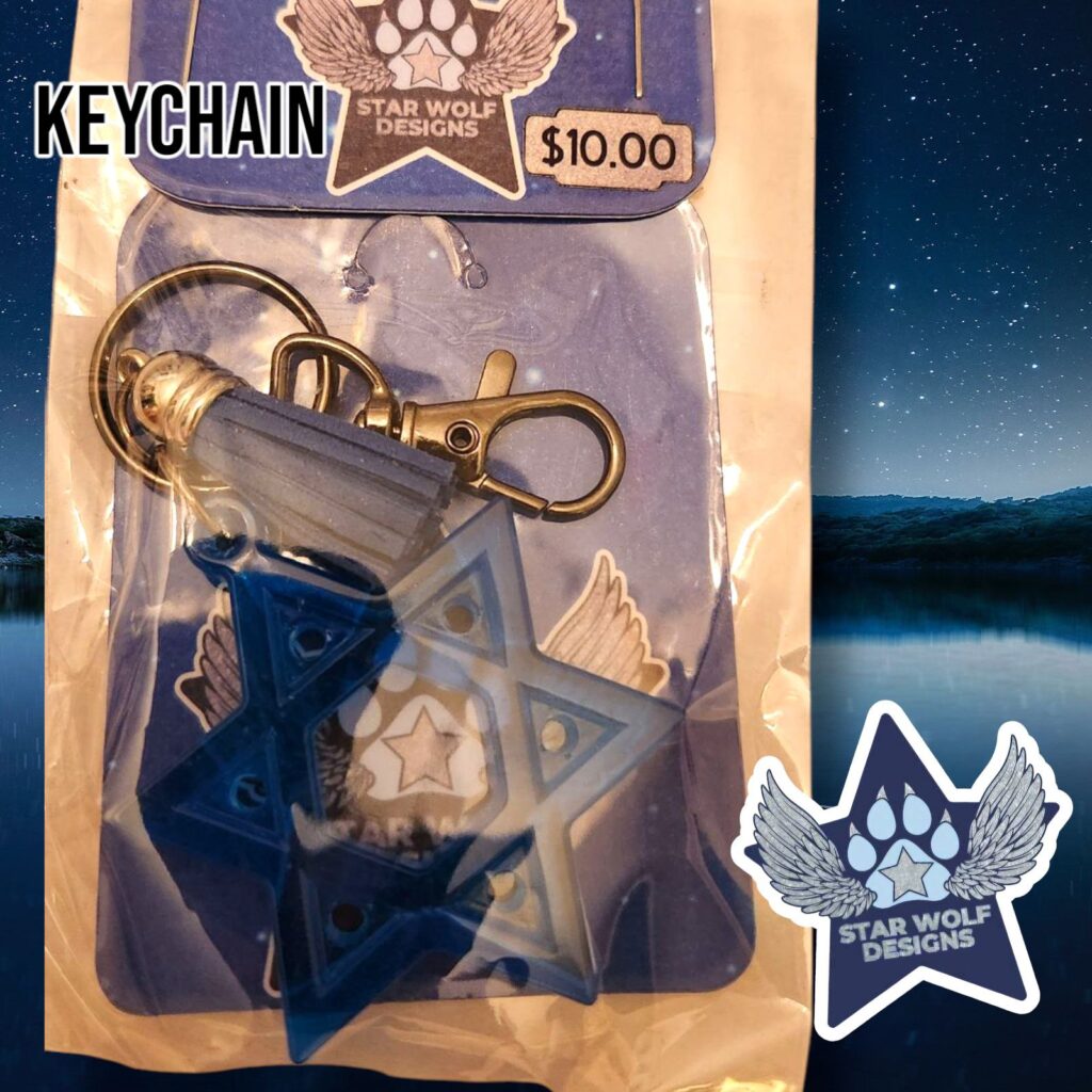 Blue keychain in its packaging