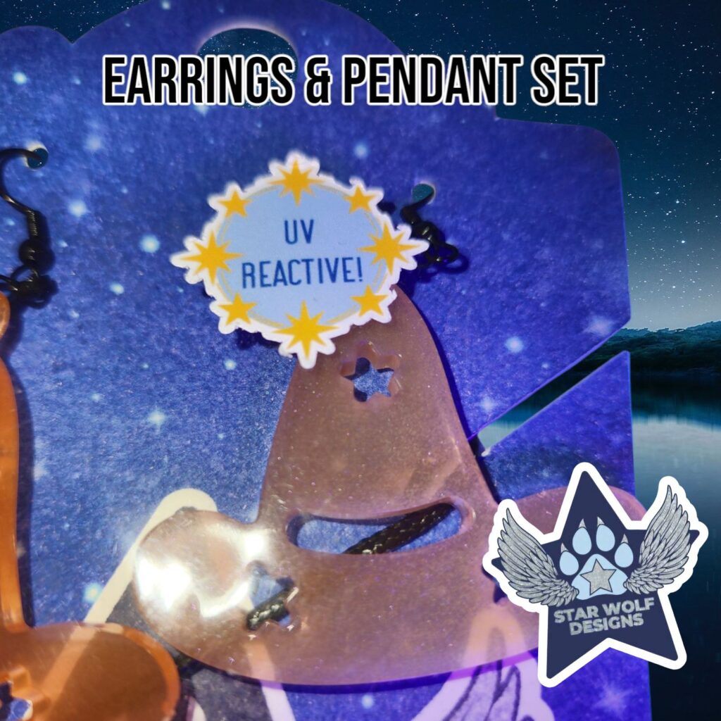 Orange UV-reactive earrings and pendant set