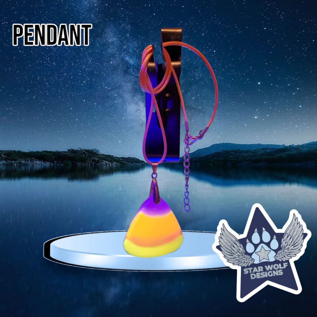 Purple, orange, and yellow layered pendant on a cord