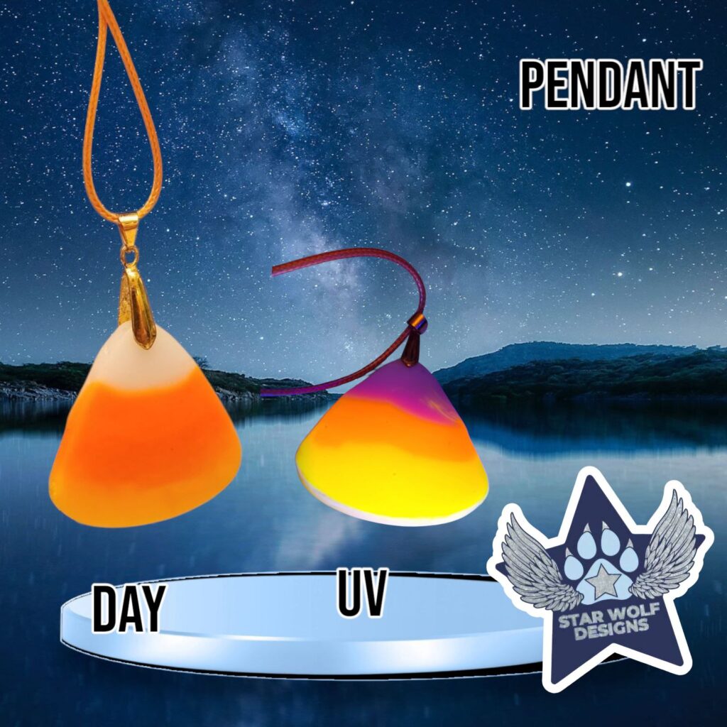 Candy corn pendants shown in daylight and under UV light