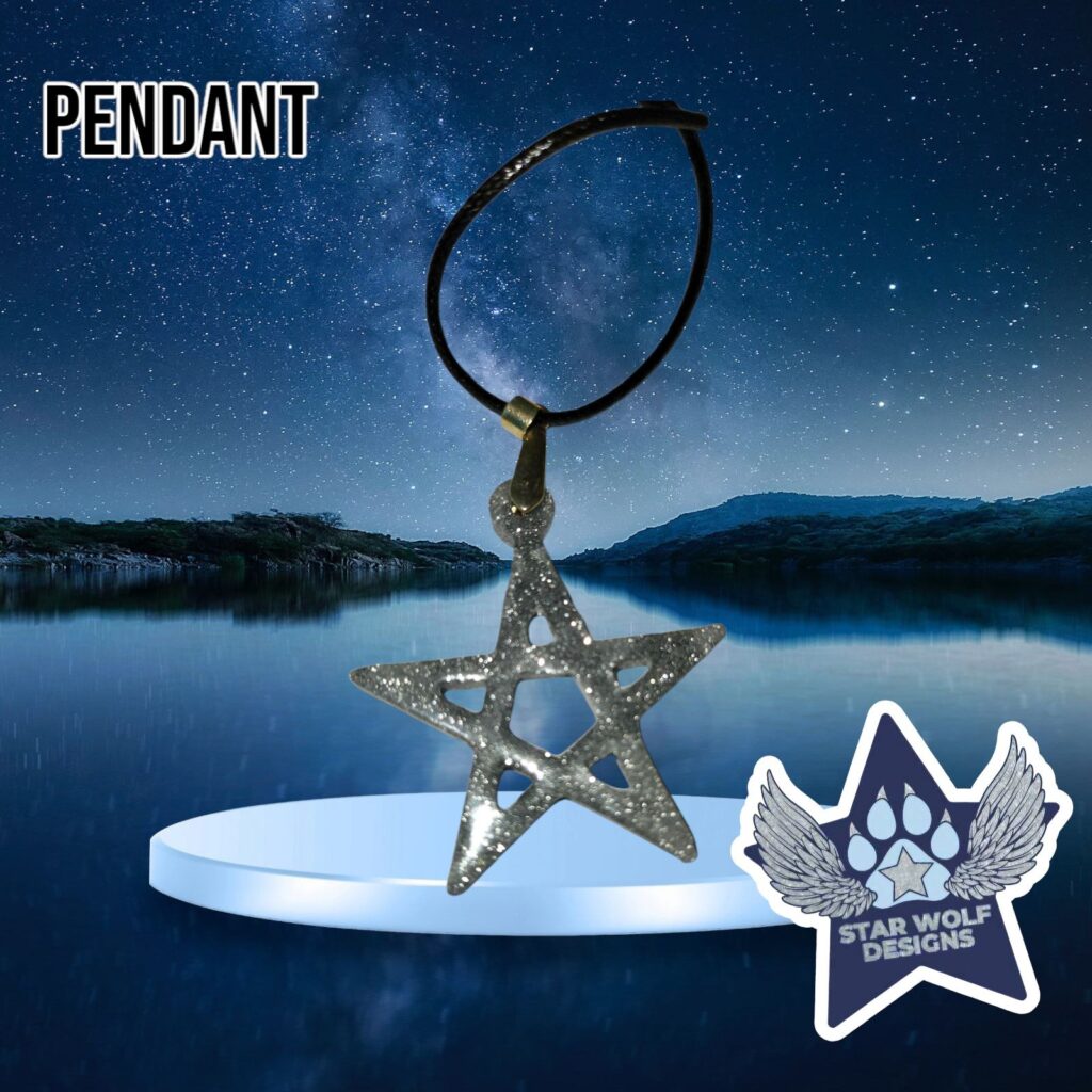Clear glitter star pendant on a black cord