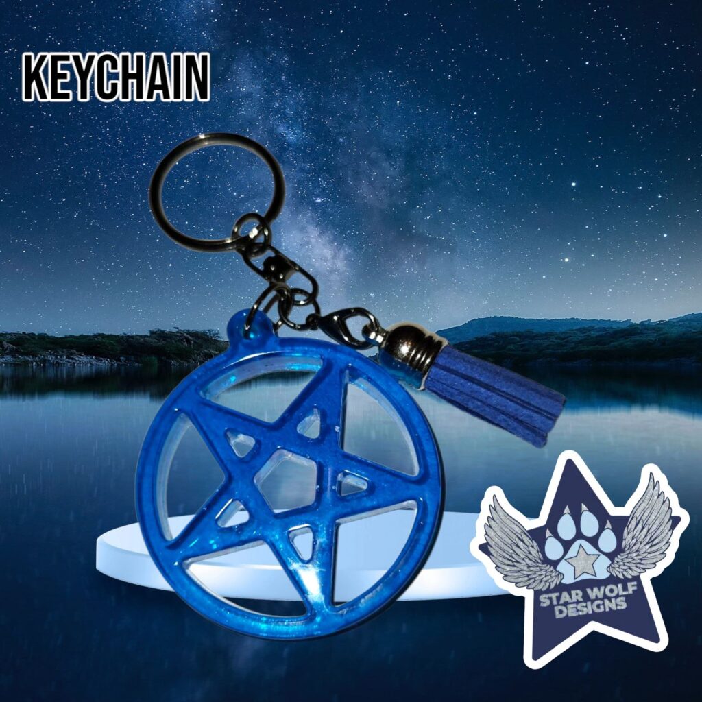 Blue pentagram keychain with a tassel