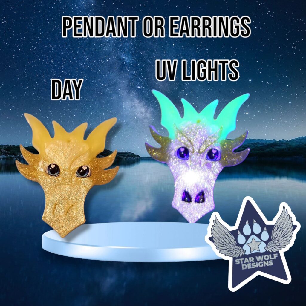 Dragon head pendant or earrings shown in daylight and under UV light