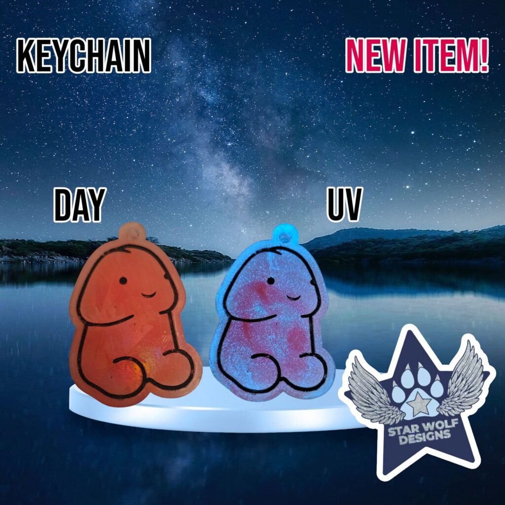 Novelty keychain shown in daylight and under UV light